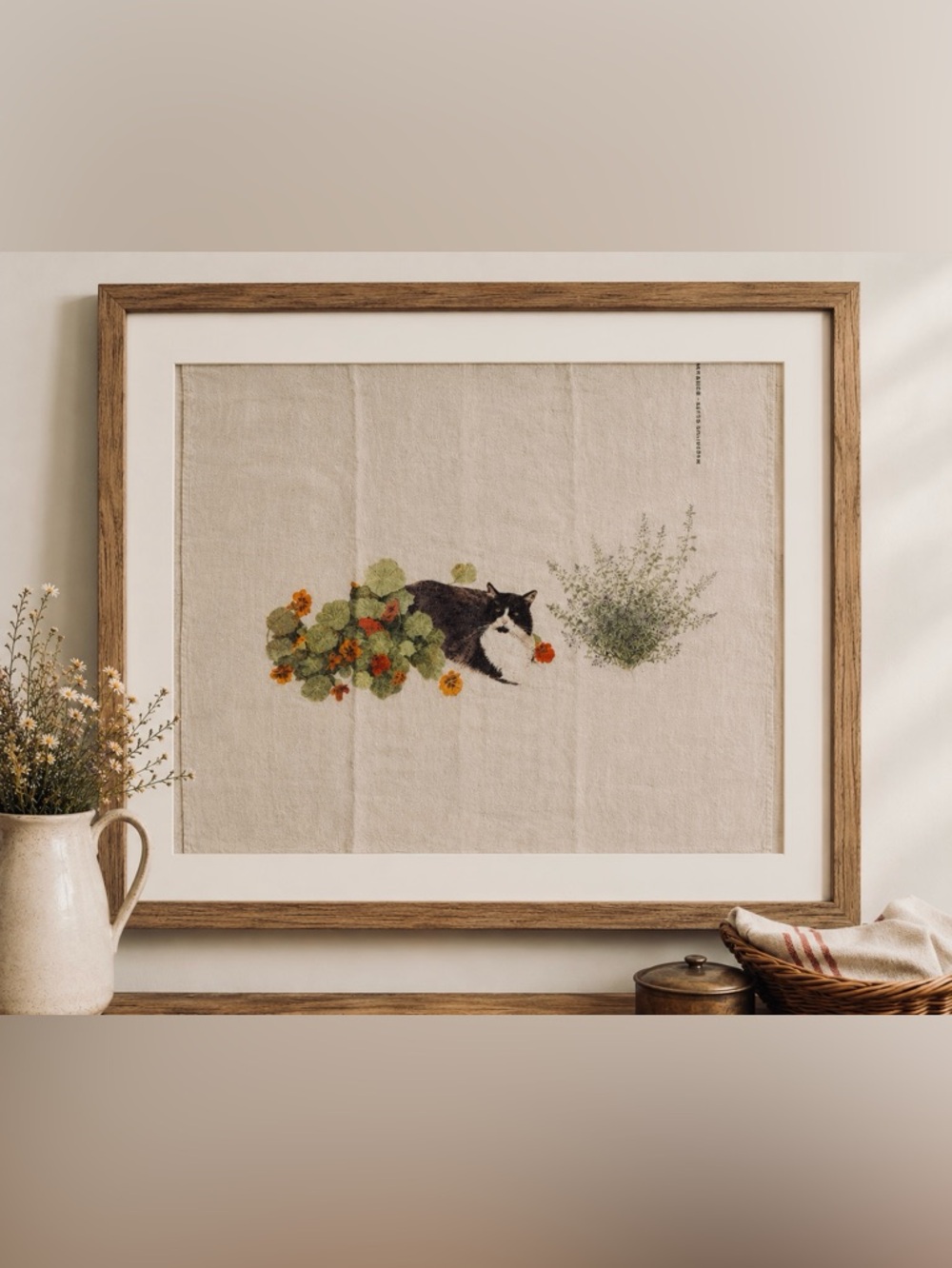 Rush Design Black & White Cat Botanical Wall Art Print with Colorful Accents